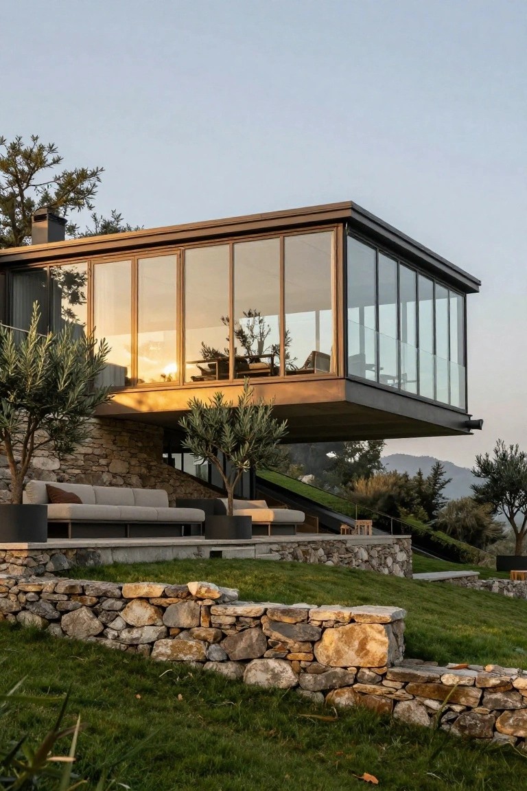 Modern home with black-framed glass upper level cantilevered over olive trees, stone retaining walls, and grassy hillside.