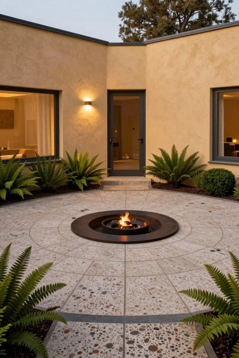 Corner exterior of a modern beige stucco house with dark-framed windows and glass door, surrounded by ferns and shrubs, featuring a circular light stone patio with central bronze fire pit burning flames.