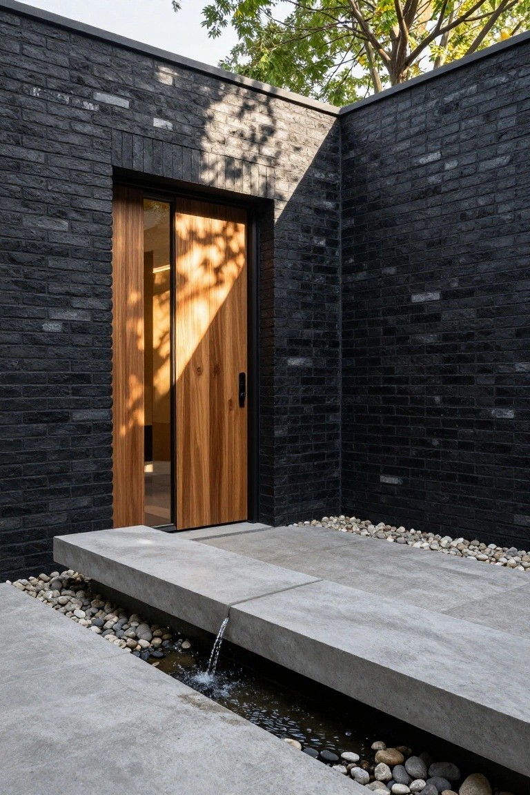 Corner view of modern black brick house exterior with wooden entry door, concrete entry platform, and adjacent pebble-lined channel with flowing water.
