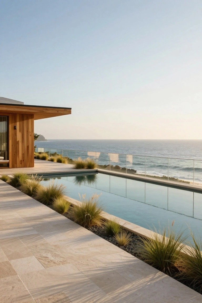 Modern oceanfront villa with infinity pool overlooking calm blue sea at sunset.