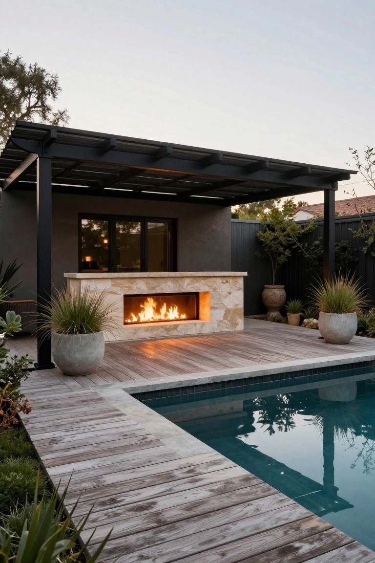 Modern backyard patio with a linear gas fireplace in a beige stone wall on wooden decking next to a rectangular pool, under a black metal pergola with potted grasses and agave plants.