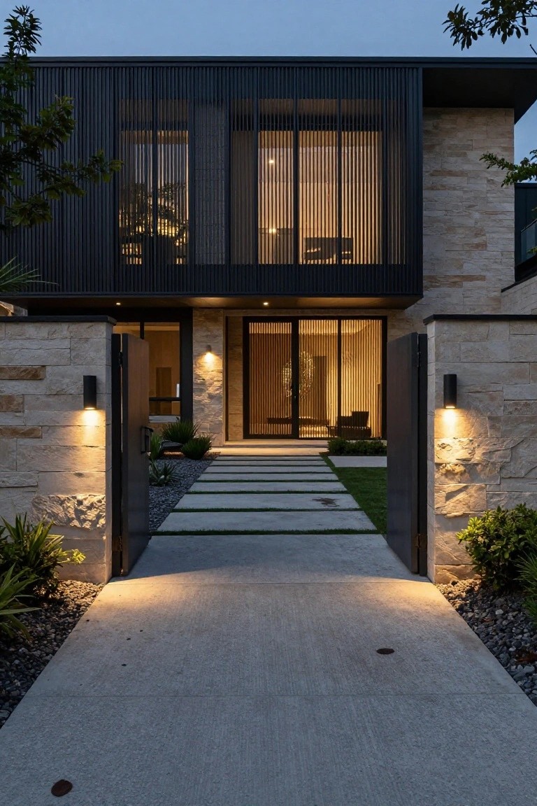 Dusk view of modern house entry with beige stone pillars topped by black cylindrical wall lights flanking an open black metal gate, concrete paver pathway, gravel edges, low plants, and vertical black slats on facade behind.