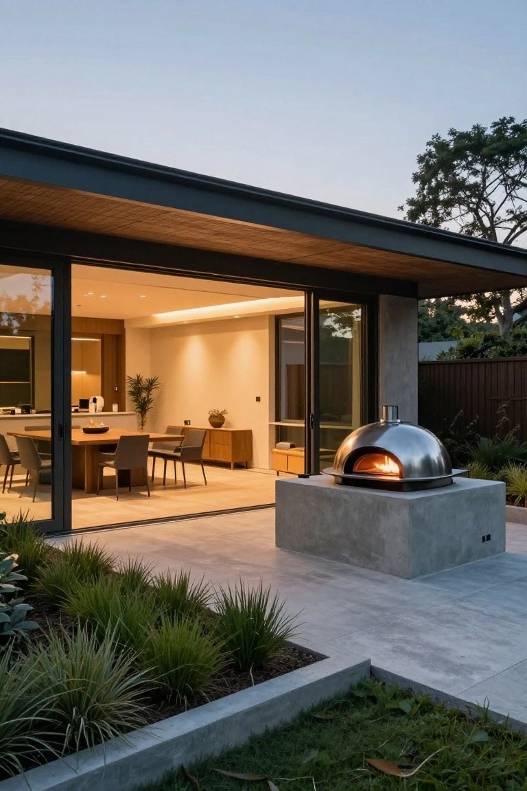 Modern patio with open sliding glass doors from an interior dining area, a lit stainless steel dome pizza oven on a concrete pedestal base, paver flooring, and surrounding landscaped grasses at dusk.
