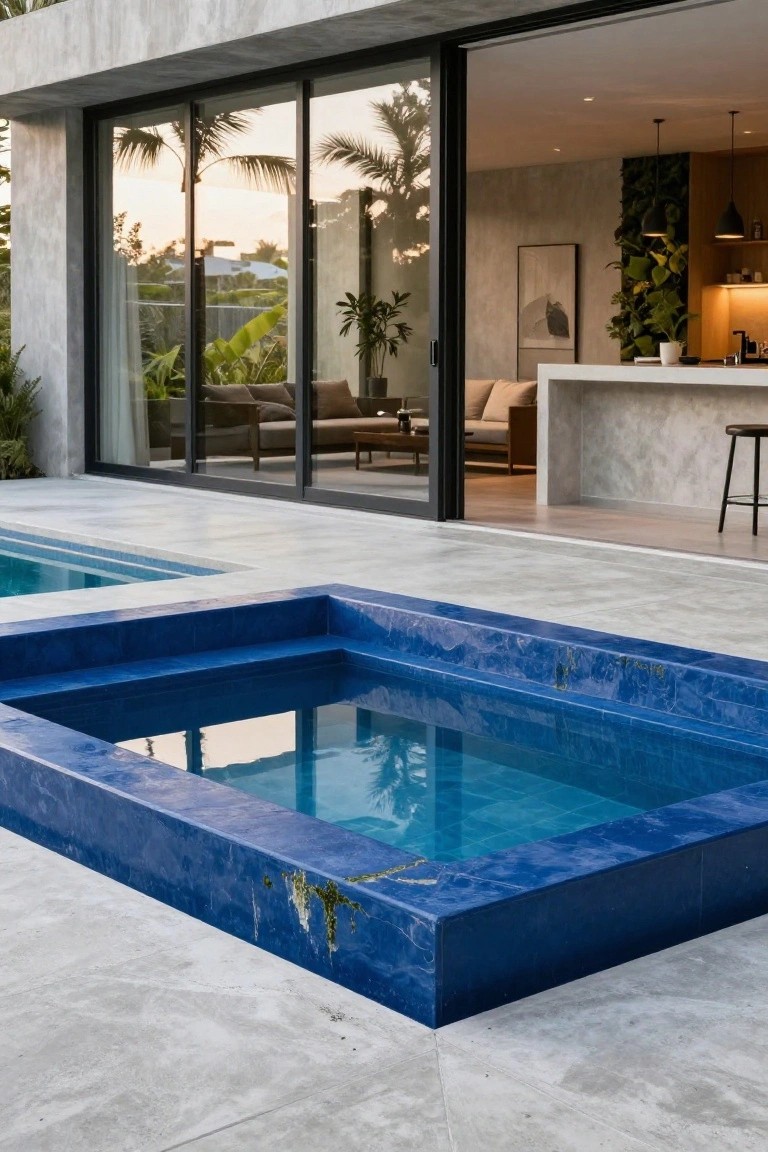 Modern concrete terrace with a raised square blue-tiled plunge pool next to large sliding glass doors opening from a living room and kitchen area, tropical plants and palm trees in the background.