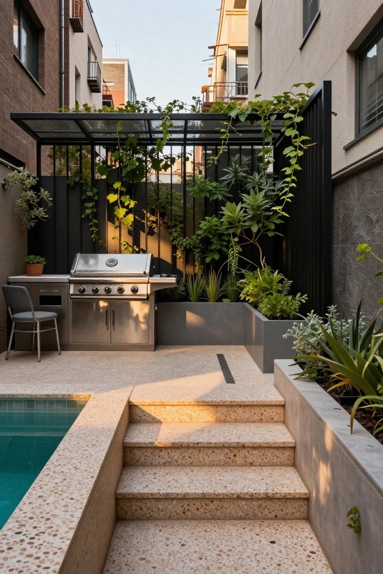 Modern backyard courtyard featuring a built-in stainless steel BBQ grill with counter and stool, surrounded by potted plants and succulents, black metal fence with climbing vines, and terrazzo steps leading to a turquoise pool.