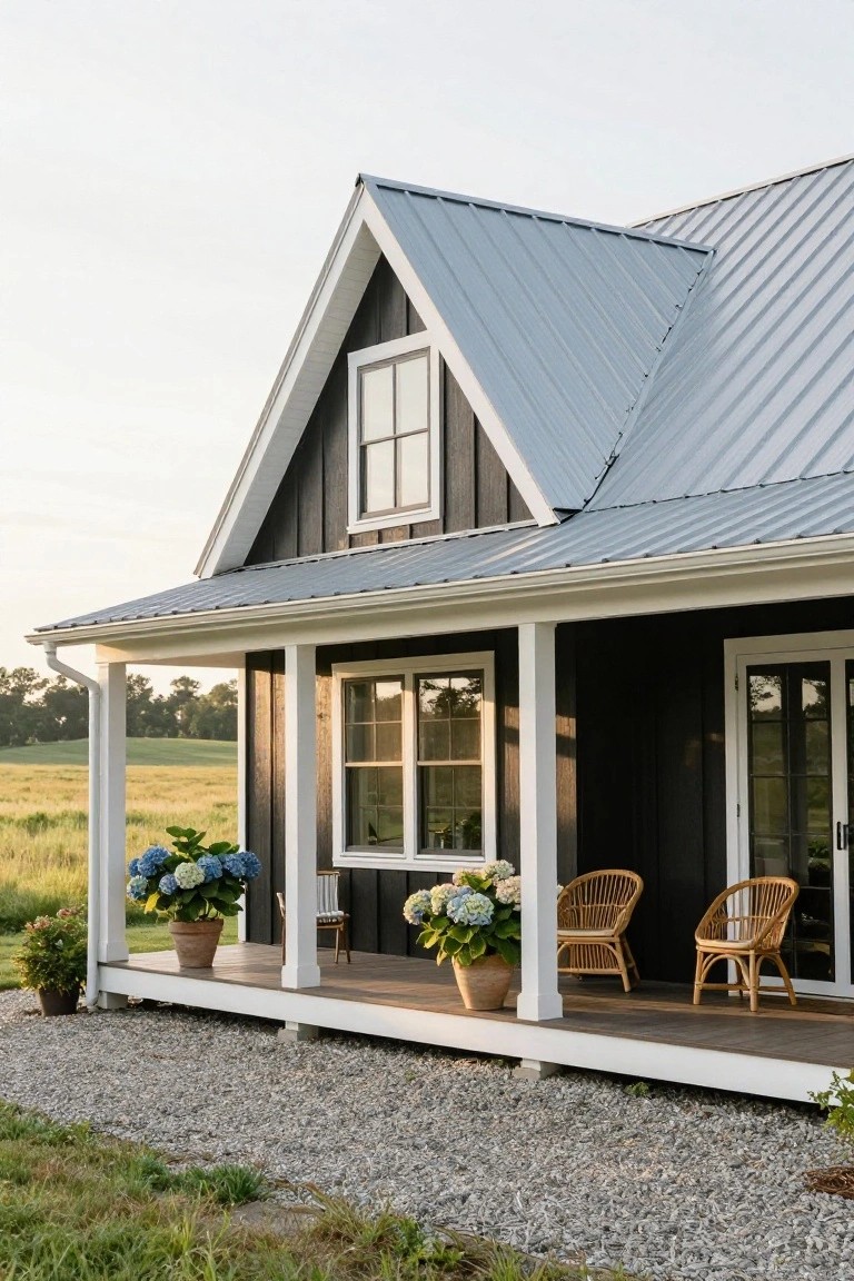Black board-and-batten house with white trim and columns on covered porch, gray metal gable roof, two rattan chairs, large blue hydrangea pots on porch deck, gravel path, and open field beyond.