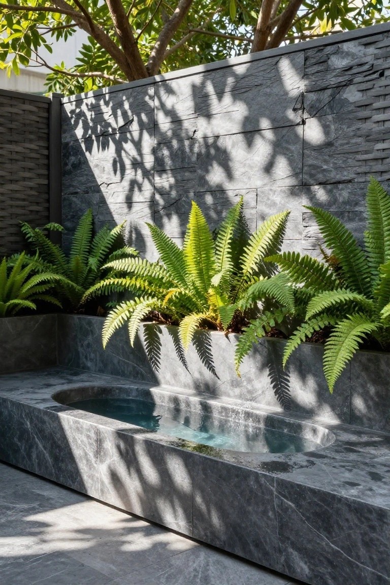 Curved gray marble soaking tub with turquoise water in an outdoor stone patio, surrounded by ferns in raised planters and textured gray walls.