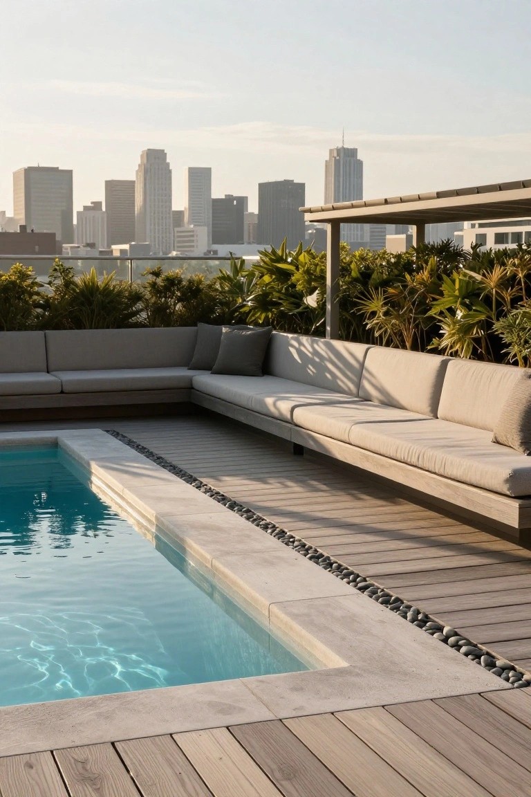 Rooftop deck with small rectangular turquoise pool bordered by white stone and black pebbles, L-shaped light gray sofa seating along the pool edge on light wood decking, tropical plants screening the area, city skyline visible in the background during golden hour.