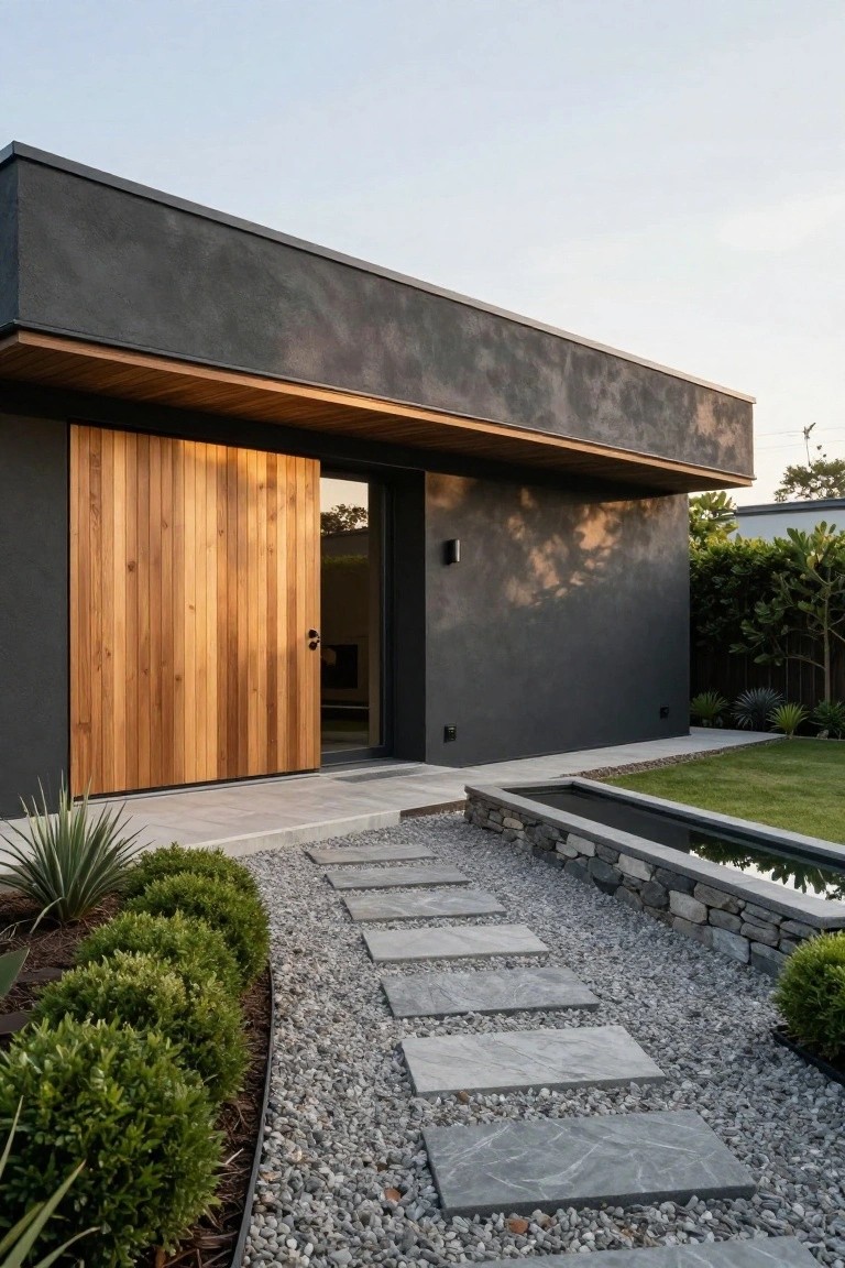 Modern home exterior with dark gray stucco walls and a tall wooden sliding entry door, approached by gray stone slab stepping stones set into a gravel path bordered by low green hedges and agave plants.