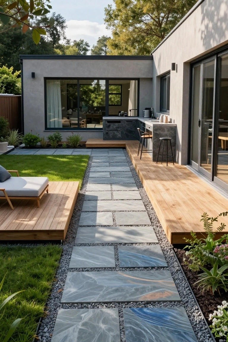 Wooden deck extending from a modern house with glass doors, alongside a pathway of large gray stone slabs set in pebble borders through a green lawn with plants.