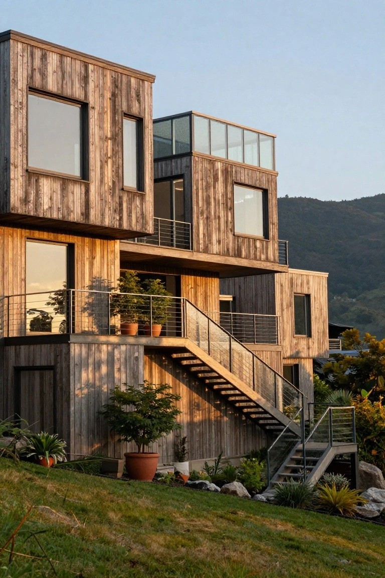 Modern multi-level wooden house with vertical cladding, large windows, glass extension, external wooden stairs with metal railings, balconies holding potted plants, on a grassy sloped site with rocks and shrubs against a mountainous backdrop at sunset.