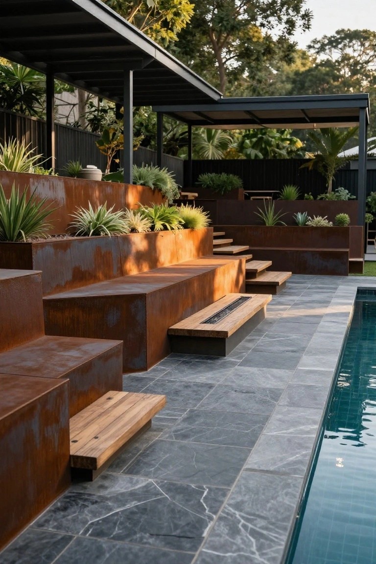 Tiered corten steel planters filled with agaves, grasses, and succulents beside a rectangular pool with gray slate decking, wooden benches integrated into the steps, surrounded by tropical plants and trees.
