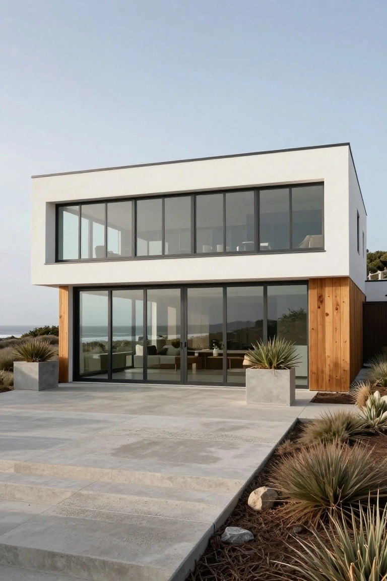 Modern two-story white rectangular house with vertical cedar wood cladding on corners, large horizontal glass windows upstairs, and oversized sliding glass doors downstairs opening to a concrete terrace with large gray planters containing agave plants, steps leading down, dune grasses, and ocean view.