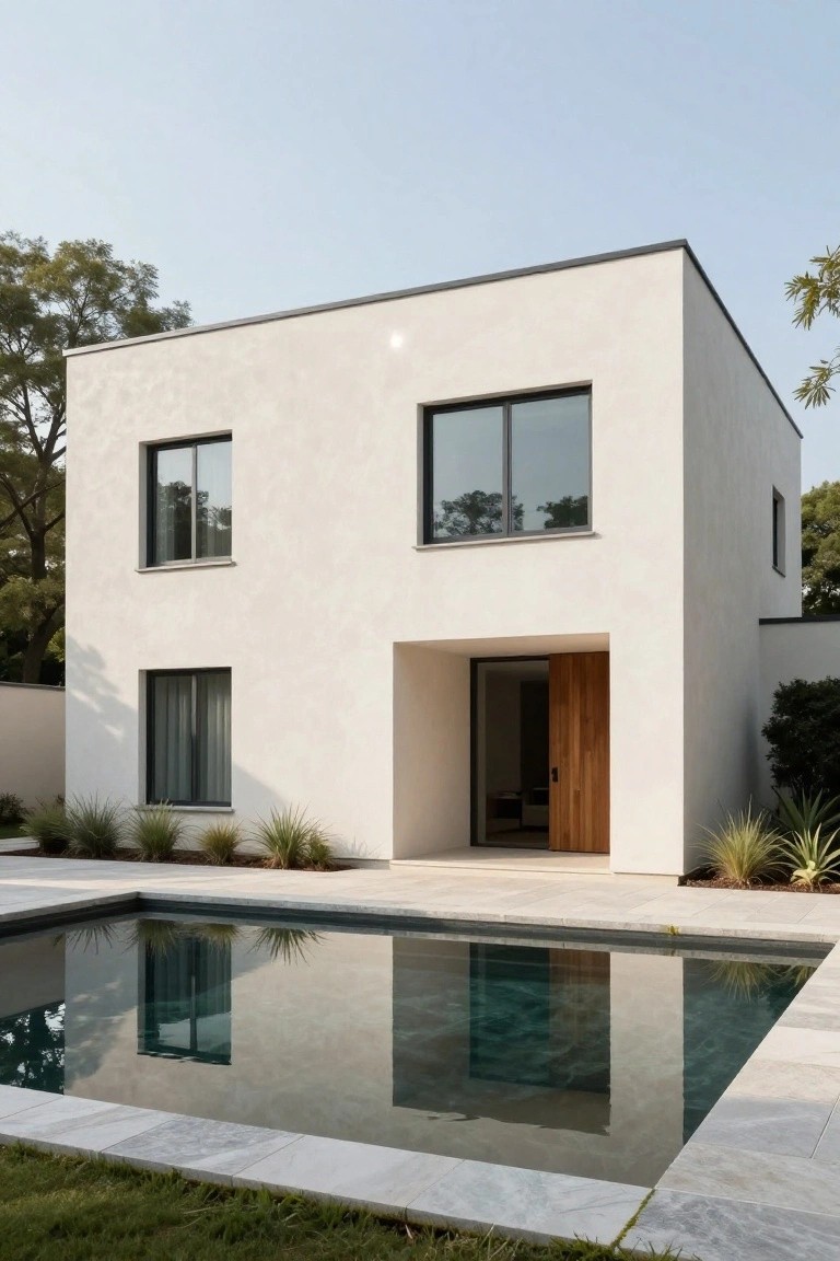 White stucco modern house with black-framed windows, recessed wooden front door, adjacent rectangular swimming pool reflecting the facade, ornamental grasses, and trees on a clear day.