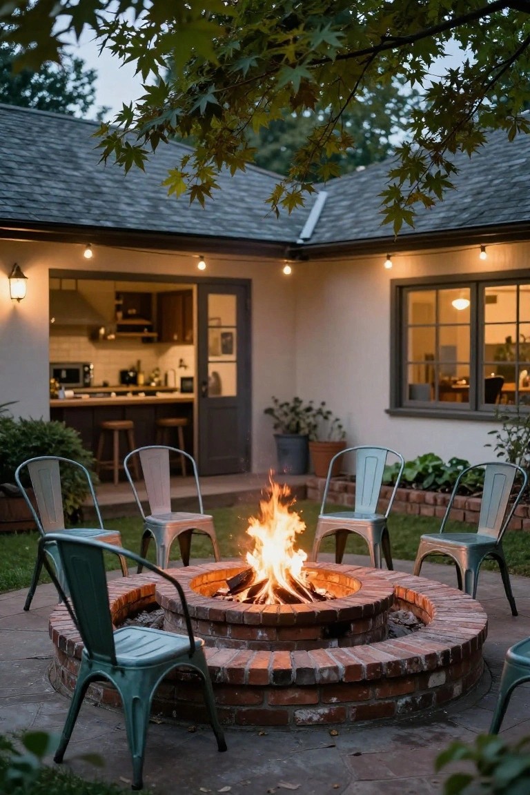 Backyard patio at dusk with a circular brick fire pit surrounded by green metal chairs, next to a house showing a lit kitchen through open doors, string lights overhead, and plants nearby.