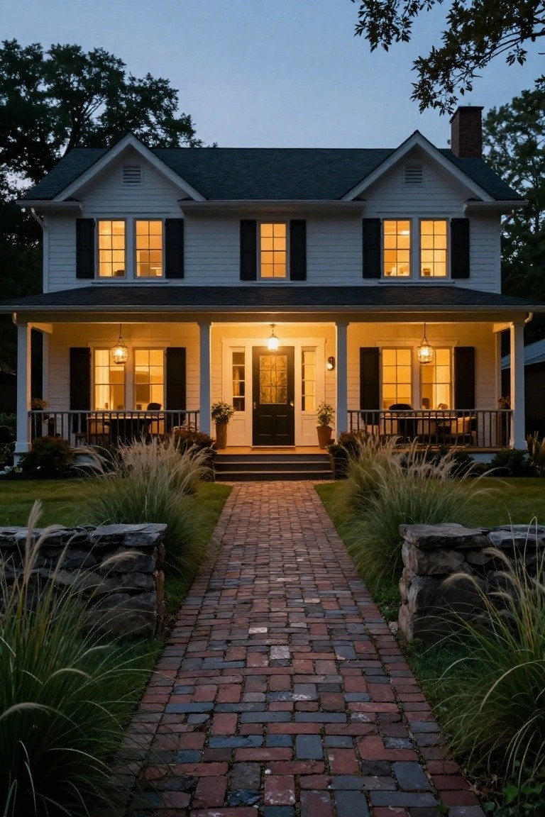 White clapboard farmhouse house at dusk with lit windows and porch lanterns, brick pathway lined by low stone walls and tall grasses leading to the black front door.