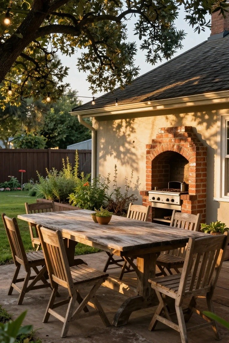 Backyard patio with rustic wooden dining table and chairs on stone pavers next to a beige stucco house wall featuring a built-in arched brick grill enclosure with gas burners, surrounded by potted plants, garden beds, wooden fence, and string lights overhead from a tree.