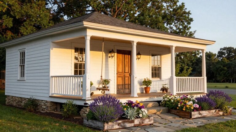 21 Cozy Farmhouse Exterior Ideas For A Warm Welcome White clapboard farmhouse with gabled roof and covered front porch featuring wooden columns, hanging rope swing, lanterns, paneled door, and wooden planters with flowers beside stone steps.