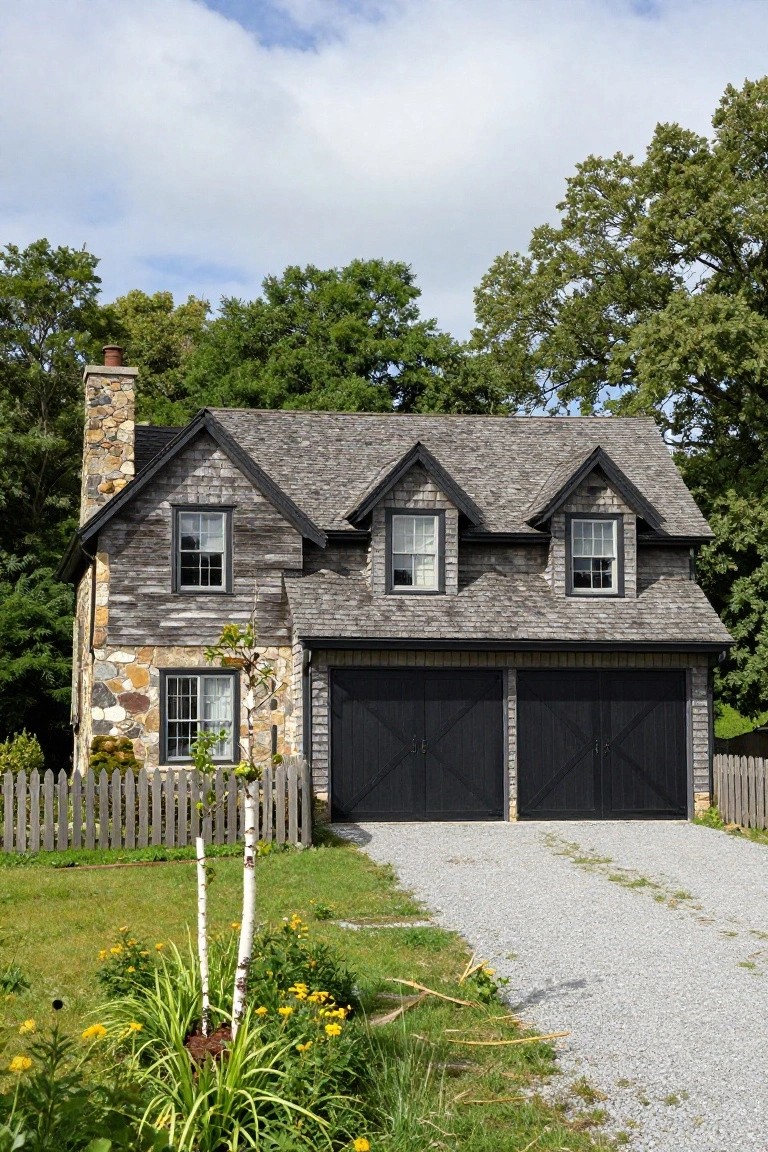 Gray shingle house with fieldstone chimney and base, black X-pattern double garage doors, white picket fence, gravel driveway, birch trees, ornamental grasses, and surrounding trees on a green lawn.
