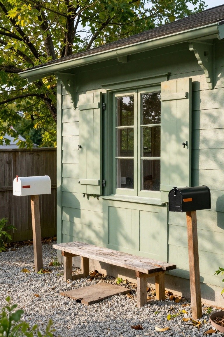 Green wooden garden shed with louvered shutters on a divided window, white and black mailboxes on wooden posts nearby, a weathered wooden bench, and gravel ground cover in a backyard fenced area.