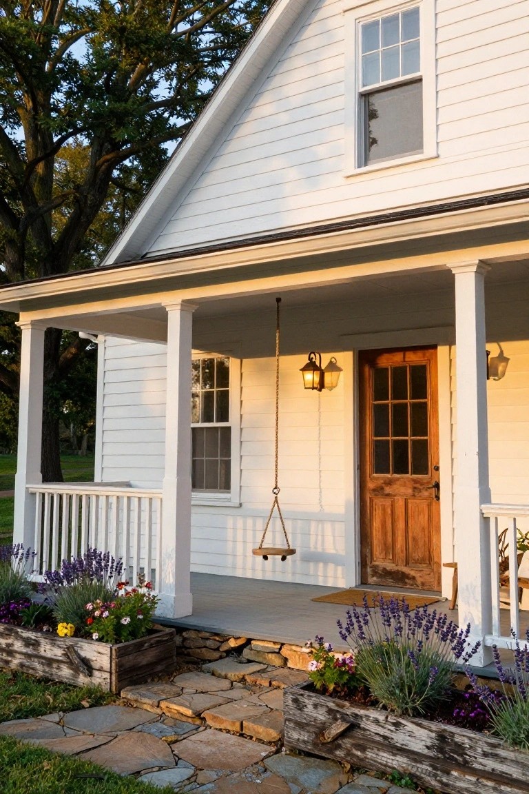 White clapboard farmhouse with gabled roof and covered front porch featuring wooden columns, hanging rope swing, lanterns, paneled door, and wooden planters with flowers beside stone steps.