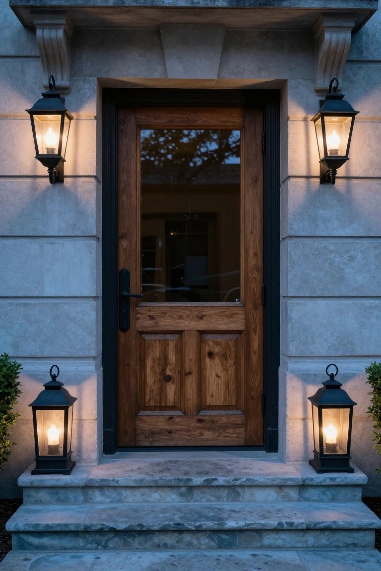 Stone house front entrance with dark wooden door featuring glass panels, flanked by black lanterns on walls and steps, small plants nearby, and wide stone steps at dusk.