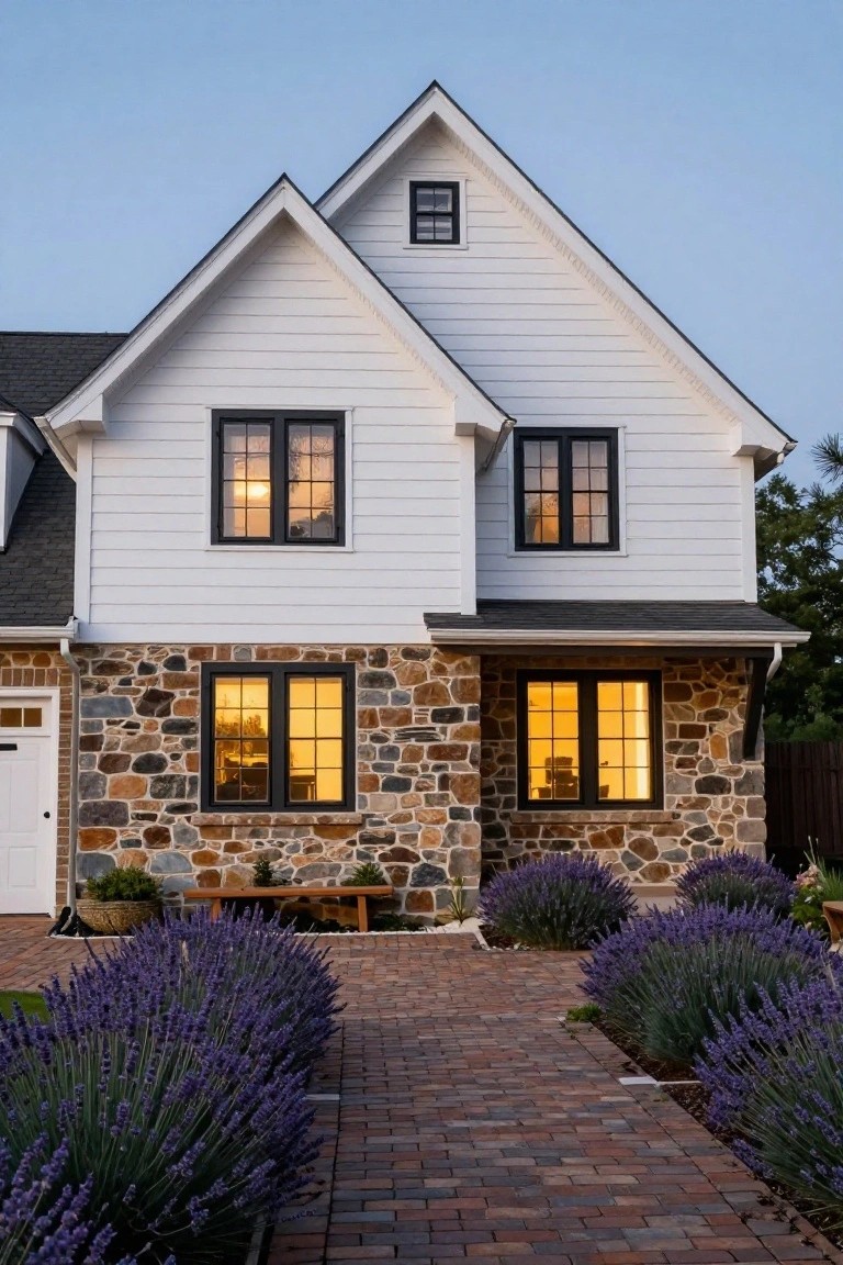White shiplap farmhouse with gabled roof, stone base on garage side, black-framed windows, and brick walkway lined with lavender bushes.