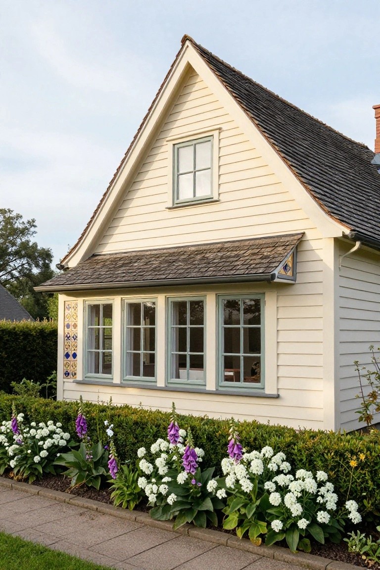 Charming cream house with green windows, purple flowers, and tiled accents.