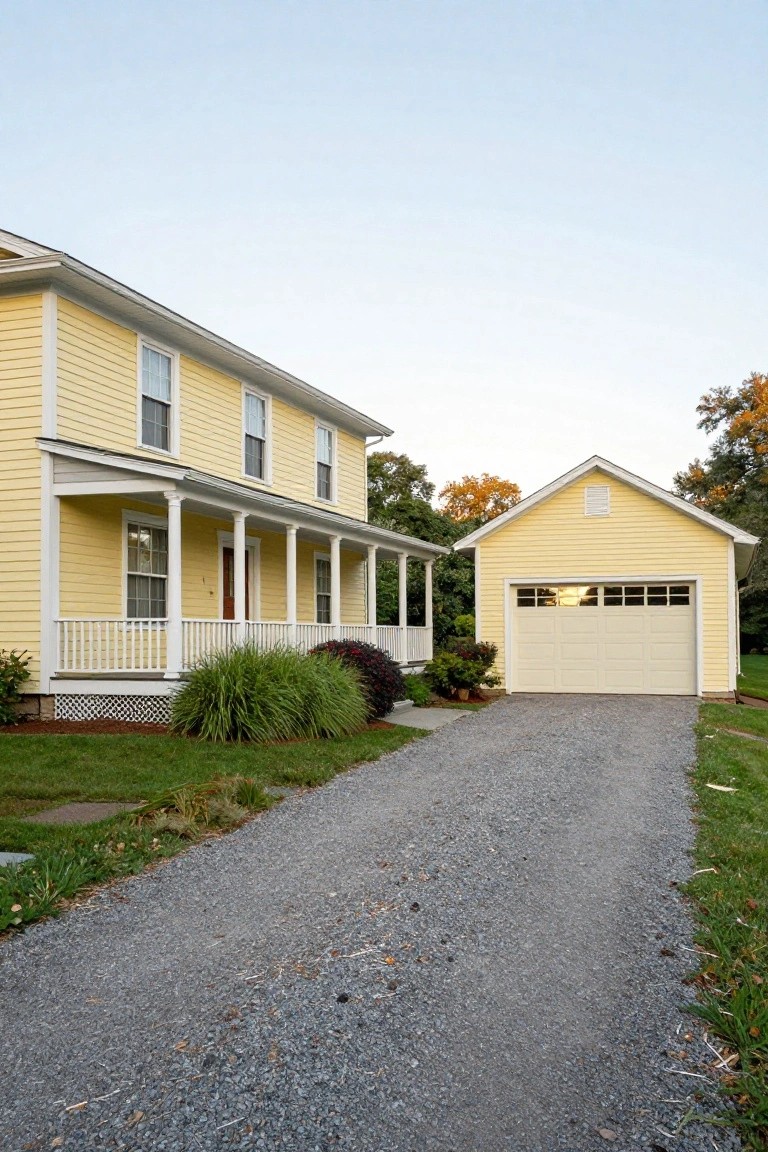 Pale yellow two-story farmhouse with white trim, columned front porch, and matching detached yellow garage connected by a gravel driveway with adjacent landscaping.