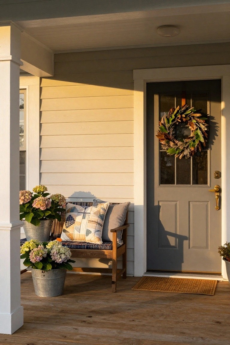 Gray front door with fall leaf wreath on a light beige clapboard house, white porch columns, wooden bench with patterned pillows, two galvanized metal buckets of pink hydrangeas, and wooden deck flooring.