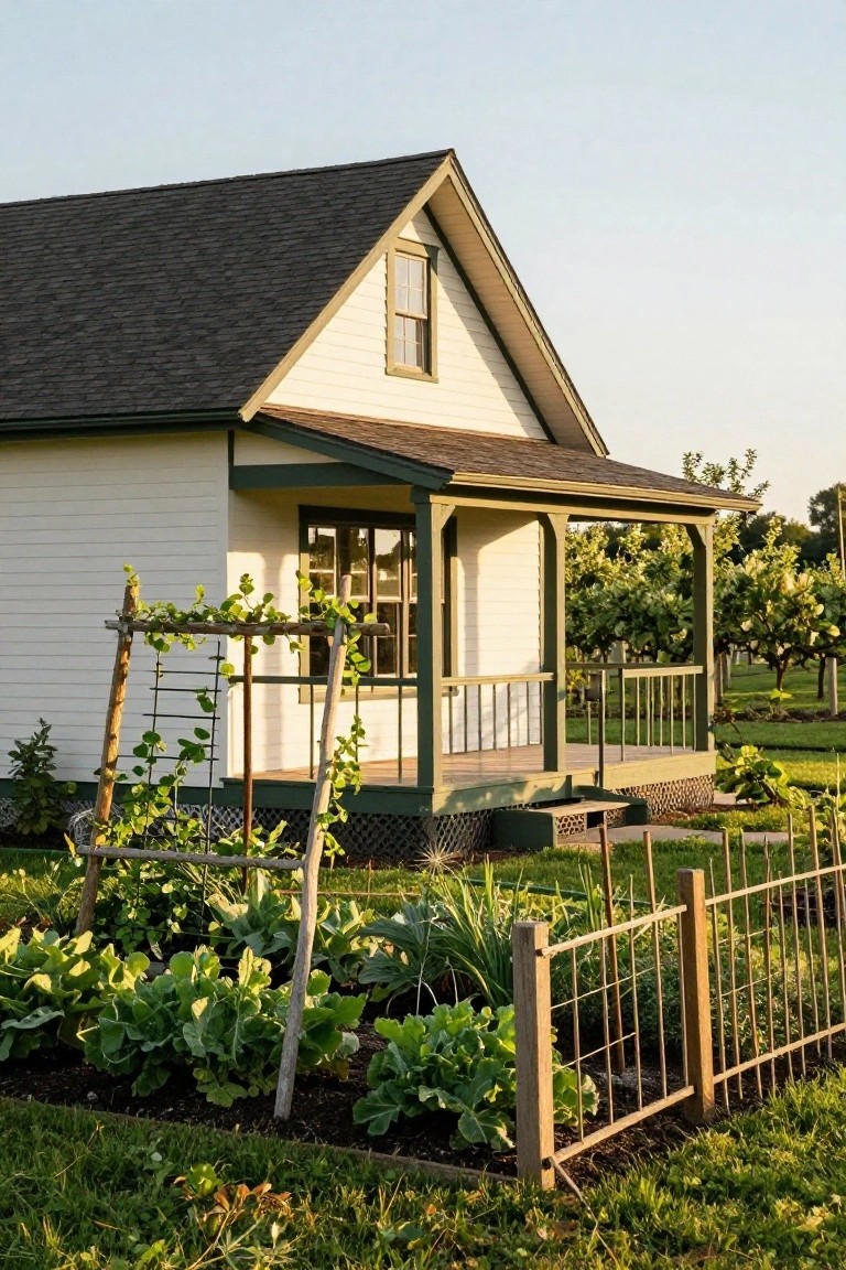 Side view of a white gabled farmhouse with dark shingle roof, green-trimmed porch, adjacent raised vegetable garden beds with collard plants, bean trellis, and wire fence, apple trees in background.