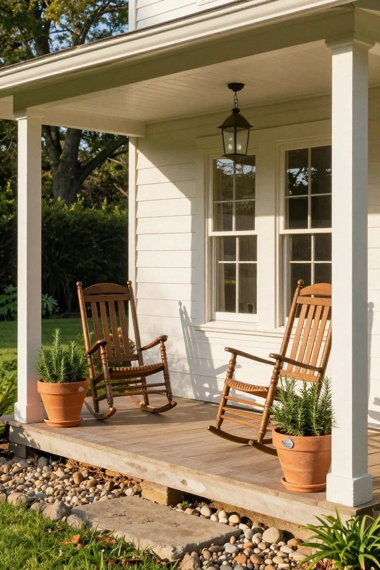 White clapboard house with covered front porch featuring two wooden rocking chairs, terracotta pots of rosemary plants, hanging lantern, and steps leading to gravel and grass landscaping.