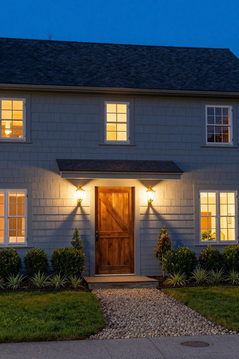 Gray shingle-sided house exterior at dusk featuring a wooden barn-style front door flanked by two lantern lights, boxwood shrubs, ornamental grasses, and a pebble pathway leading from the street.