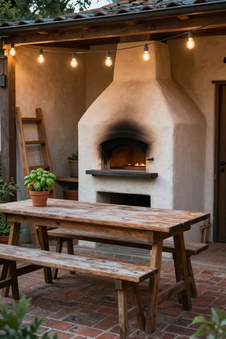 Outdoor patio with a wood-fired pizza oven built into a curved white stucco wall, rustic wooden table and benches on brick flooring, string lights overhead, potted basil plant, and ladder nearby under a tiled roof.
