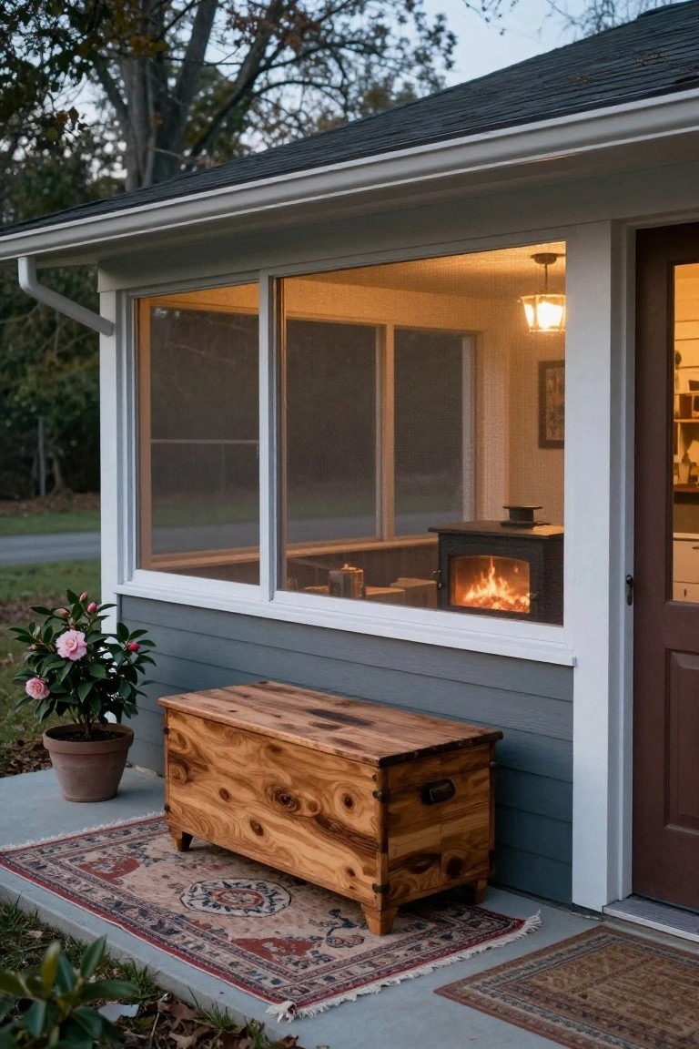 Gray shingled farmhouse exterior with screened porch windows showing interior wood stove fire, wooden chest and potted camellia on concrete porch with rugs, at dusk.