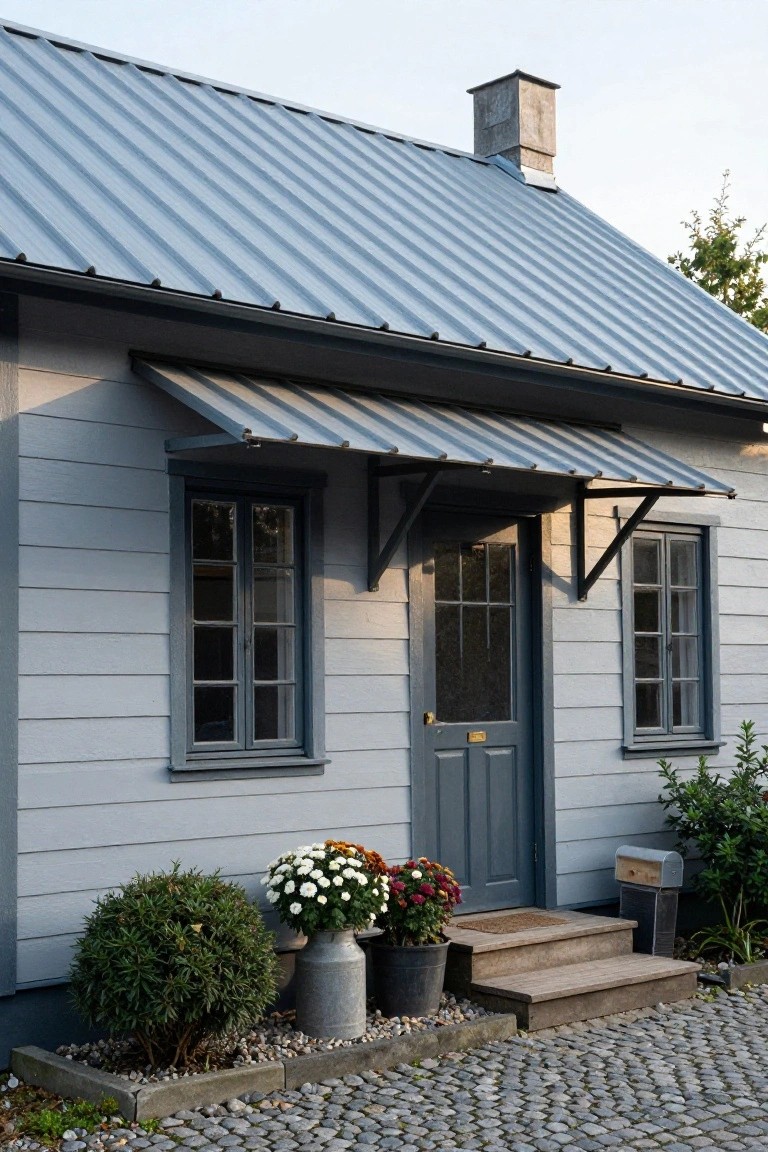 Gray clapboard house with blue-gray corrugated metal roof and chimney, dark gray front door under matching metal awning, flanked by windows, potted plants by wooden entry steps on cobblestone path.