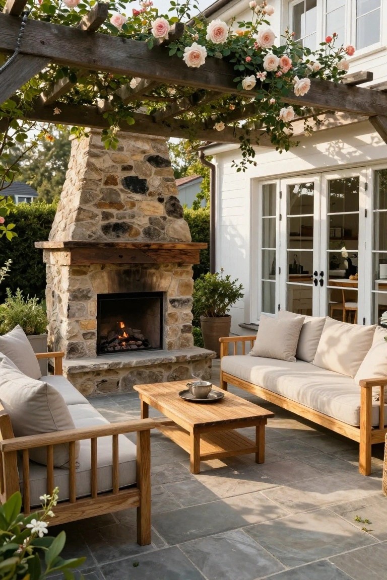 Backyard patio with a tall fieldstone outdoor fireplace burning gas logs, teak sofa and chairs on slate tiles around a low table, under a wooden pergola covered in pink climbing roses, next to a white house with French doors.