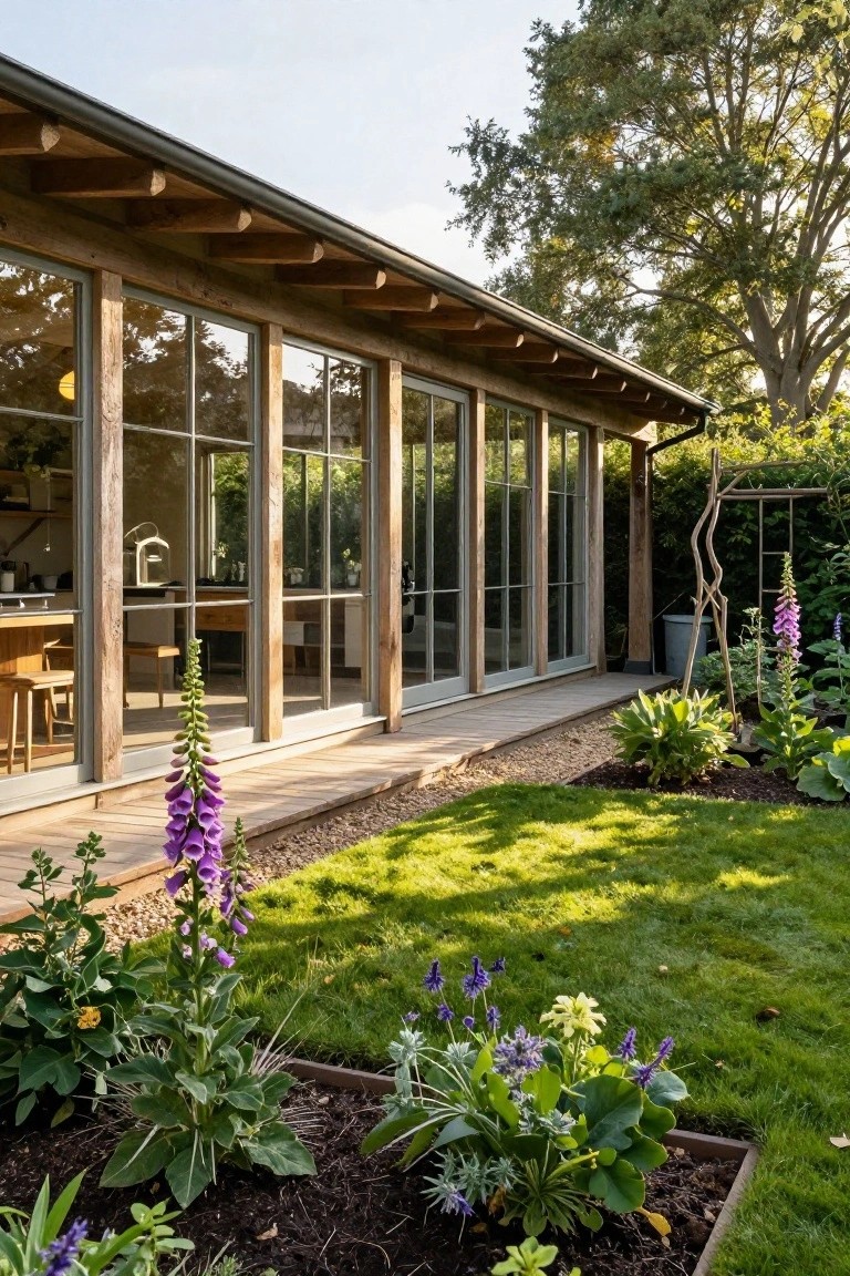 Timber-framed house exterior with large multi-pane glass windows and doors opening onto a wooden deck adjacent to gravel path and raised garden beds with foxgloves, hostas, and other plants.