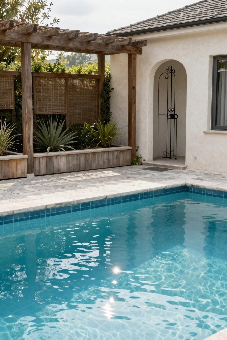 Backyard turquoise-tiled pool with light stone pavers, shaded by wooden pergola with planter boxes of agave plants, bamboo screens on wood fence, and arched black wrought-iron gate in white stucco wall.