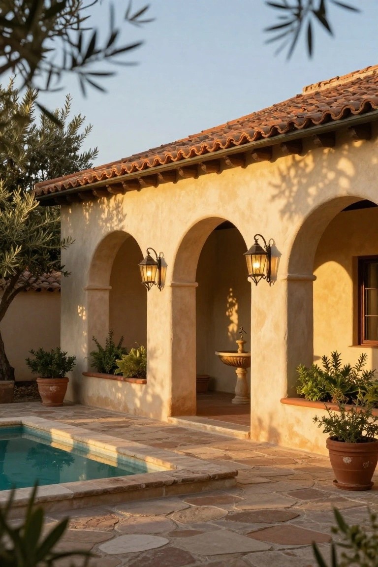 Beige stucco house exterior with red tile roof featuring twin arched openings flanked by wall lanterns and a stone fountain between them, adjacent to a rectangular pool on a stone-paved patio with terracotta pots and olive trees.