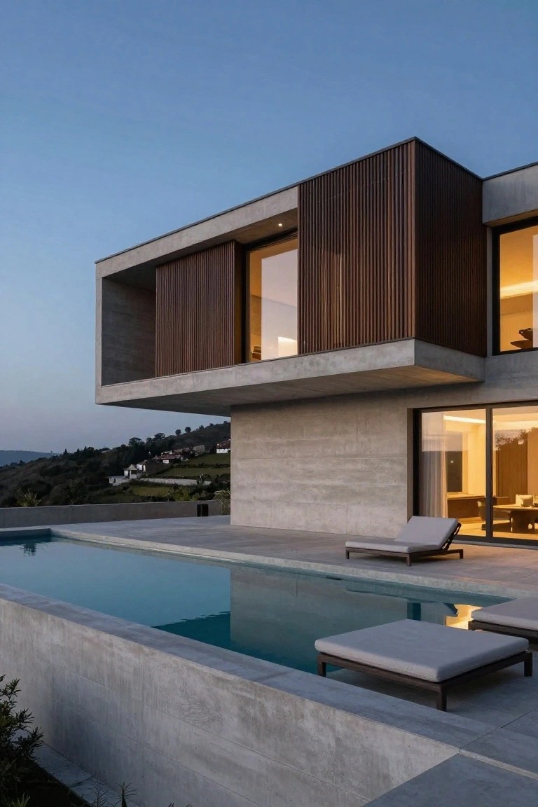 Modern concrete house with cantilevered upper volume overhanging infinity-edge pool terrace and lounge chairs on hillside at dusk
