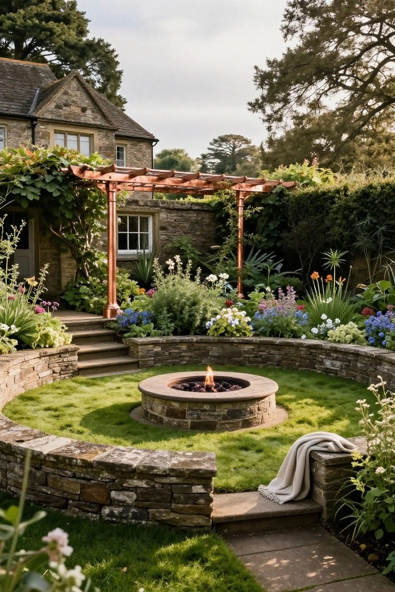 Stone house beside a copper pergola and steps leading to a circular grass area with central stone fire pit ringed by low stone walls and surrounded by flower beds.