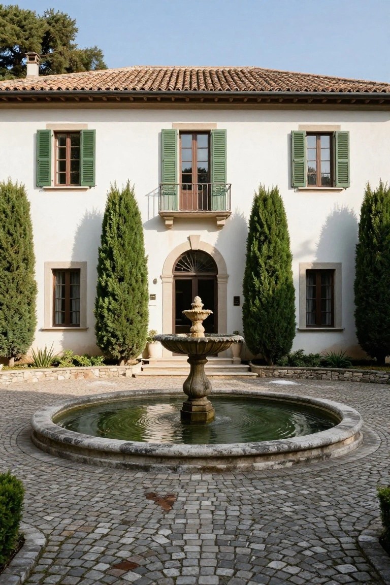 White stucco house with green shutters, terracotta tile roof, arched wooden entry door, flanked by tall cypress trees, and a central stone fountain in a circular basin on pebble paving in a courtyard.