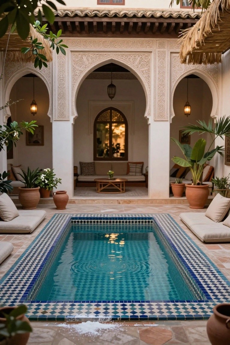 Moroccan-style courtyard featuring a rectangular pool with blue and white mosaic tiles, low beige seating cushions, terracotta plant pots, white arched architecture, and hanging lanterns.