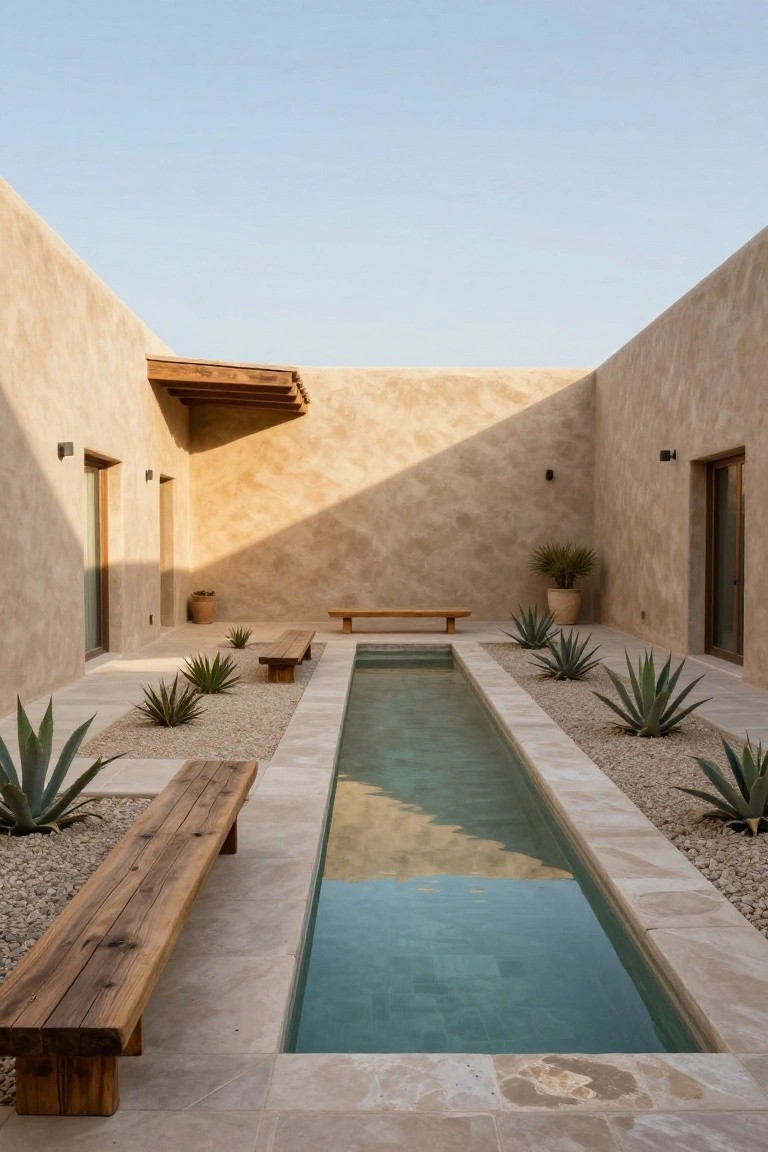 Walled courtyard with beige stucco walls enclosing a long narrow turquoise pool flanked by wooden benches, agave plants in pebble beds, and stone tile flooring.