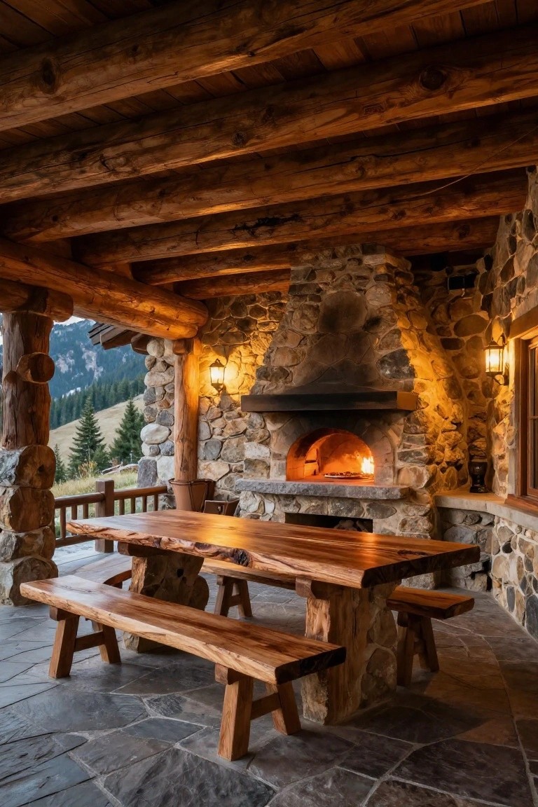 Covered wooden porch area with exposed beams, stone-built wood-fired oven containing flames and food, live-edge wooden table and benches on slate stone floor, mountain view in background.