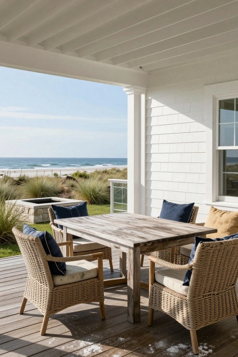 White shingle house with covered porch and wooden deck holding four wicker armchairs with cushions around a rectangular weathered wood table, next to beach dunes and ocean.