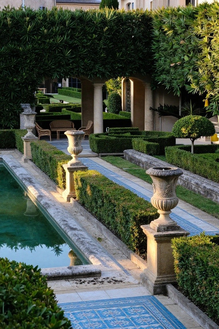 Rectangular pool bordered by clipped green boxwood hedges and stone pedestals with urns, with arched stone structures and pathways in a formal garden.