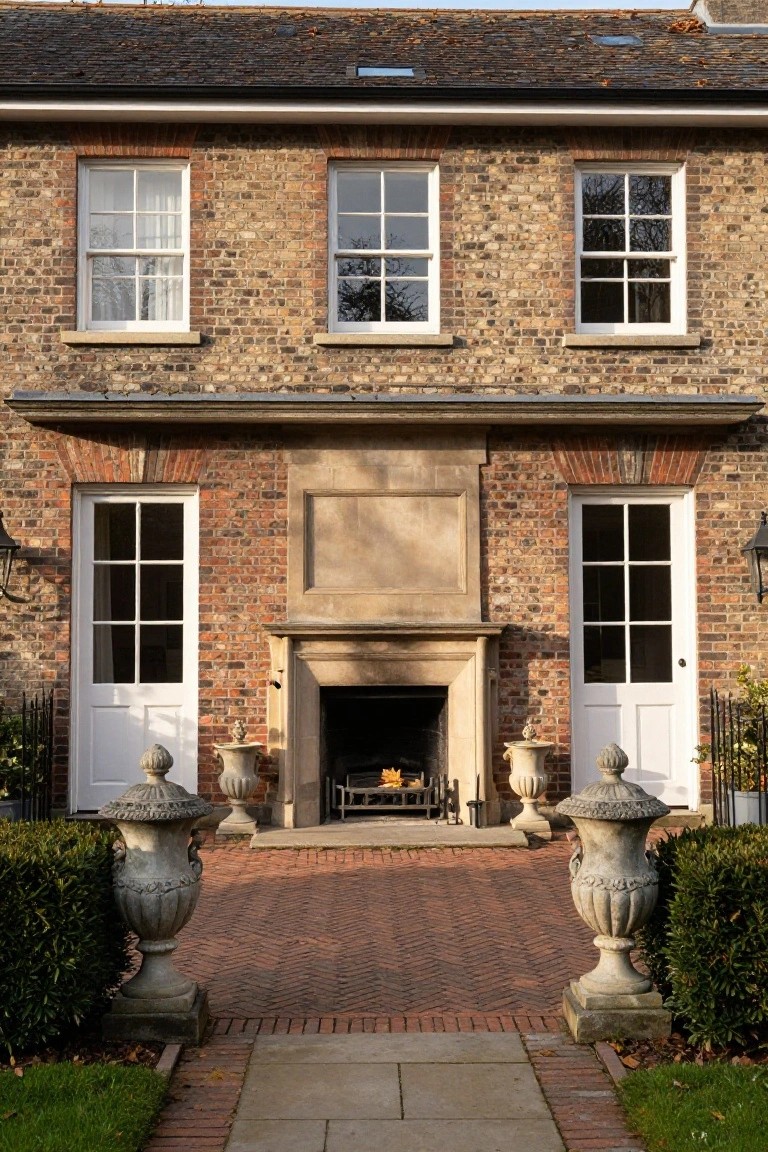 Brick building with central fireplace, white doors, and large stone urns.