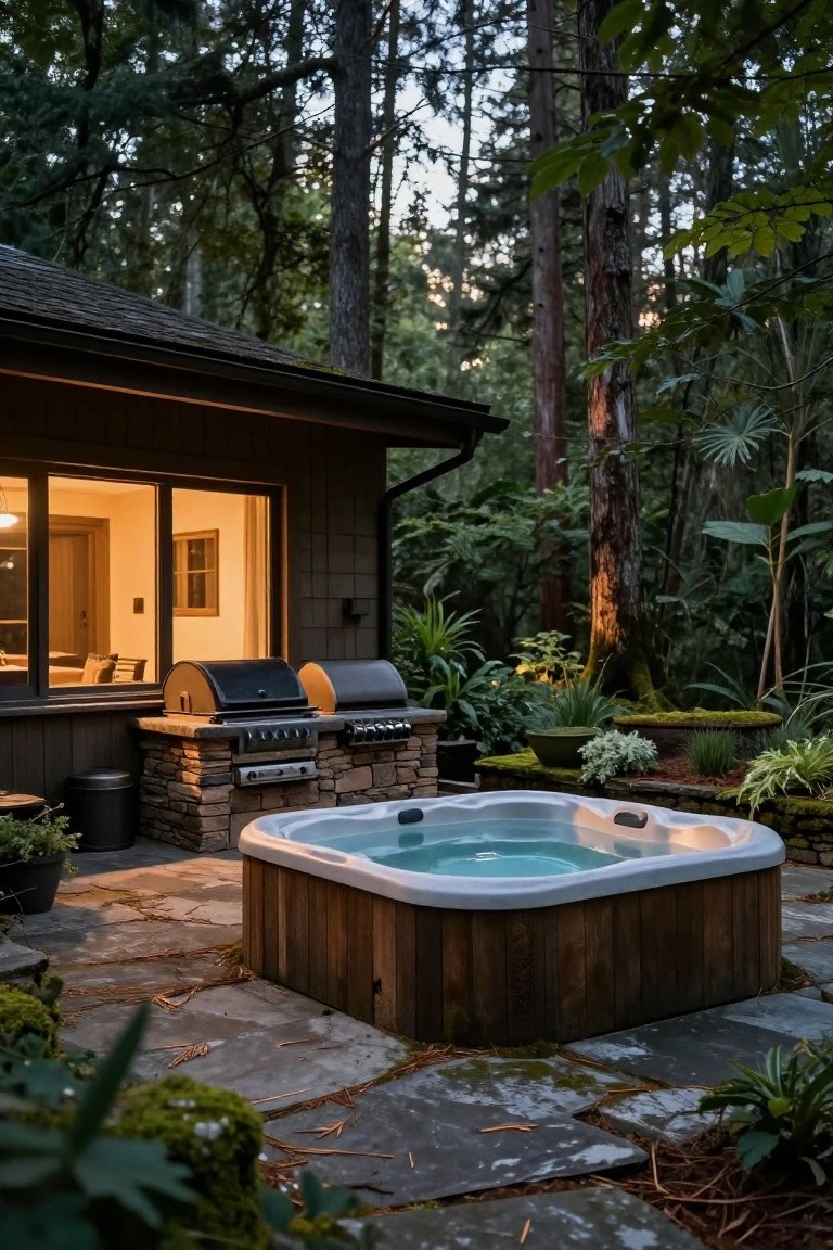 Wooden hot tub on stone patio next to house with large windows, built-in grills on stone counter, dense trees and plants surrounding at dusk.